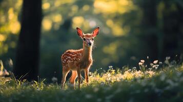 A fawn standing in a meadow with dappled sunlight filtering through the trees creating a peaceful scene photo