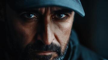 Intense gaze of a man with a beard wearing a cap set against a dimly lit backdrop highlighting strong facial features photo