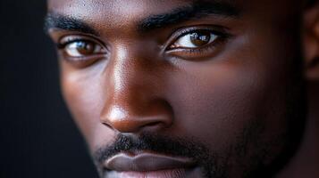 Intense close-up capturing the striking features and complexion of a man showcasing his strong gaze and handsome face photo