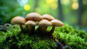 Cluster of woodland mushrooms sprouts from vibrant green moss illuminated by sunlight filtering through the forest canopy photo