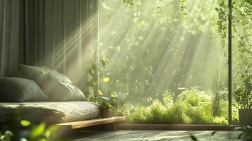 Sunlit daybed setting green plants on display and rays of sunlight filtering in through the window Nature's embrace photo