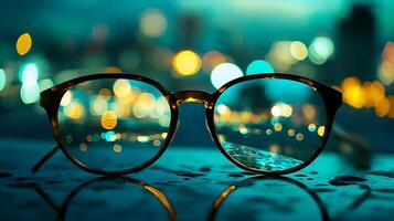 Eyeglasses resting on a wet surface reflecting a blurred cityscape creating a vibrant and artistic visual experience photo