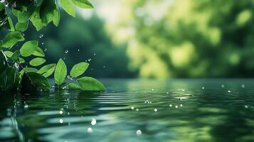 Green leaves and water with light reflecting off the surface creating a serene and harmonious natural scene photo