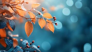 Branch with wet leaves and buds against a bokeh background The orange and blue colors create a soft dreamlike quality photo