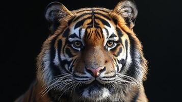 A striking close-up of a tiger's face reveals intricate fur patterns and intense captivating eyes against a dark background photo