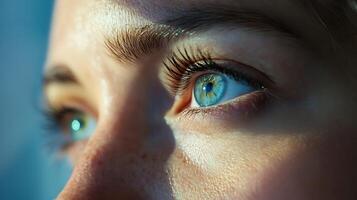 Close-up on a captivating eye with striking blue hues detailed lashes and soft skin texture illuminated by light photo