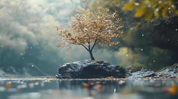 Solitary tree on a rock island surrounded by serene water leaves falling in the soft light of a natural setting photo