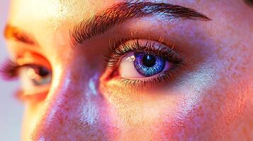 A captivating close-up showcases a striking blue eye with elaborate lashes lit with vibrant and colorful lighting photo