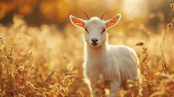 A young goat stands in a field its white fur illuminated by the golden light of the setting sun gazing forward photo