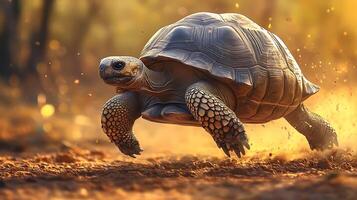 A tortoise strides purposefully across the sun-drenched landscape its shell gleaming embodying resilience and endurance photo