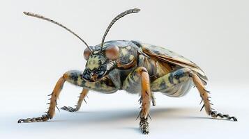Detailed close-up of a beetle highlighting its intricate patterns multiple legs and delicate antennae photo