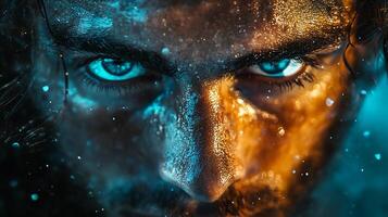 Intense gaze of a person with vibrant blue eyes face illuminated by contrasting orange and blue lights Hypnotic and powerful photo