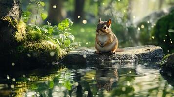 Squirrel perched beside a calm pond reflecting the forest sparkling with light Nature's peaceful beauty is evident photo