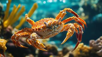 Orange crab in a blue water tank with yellow coral and rock formations in the background Undersea life is vibrant photo