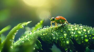 Dew-kissed beetle rests on a lush green leaf glistening with morning dew Tiny insect in its natural habitat photo
