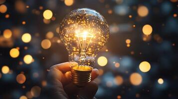 A bright light bulb is held up radiating light and symbolic of new ideas and creativity in a bokeh background photo