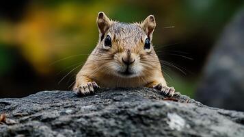 A curious chipmunk peers over a grey rock with striking eyes capturing its adorable expression in the forest photo