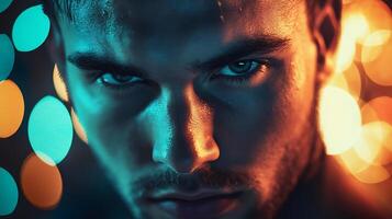 Intense focused gaze under colorful lighting A portrait of determination and captivating presence in the shadows photo