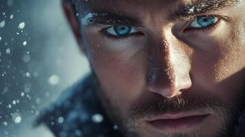 Intense gaze of a man amidst a winter snowfall conveying strength and resilience in a cold harsh environment photo