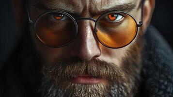 Intense portrait of a man with glasses showcasing a striking gaze beard and a focused expression set in dark tones photo
