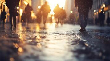 Blurred figures walking in the rain the wet pavement reflecting the city lights capturing a sense of urban atmosphere photo