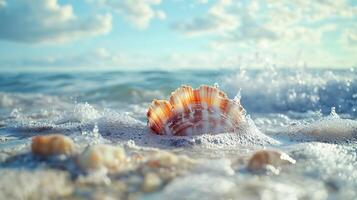 Seashell washed ashore an ocean treasure The shore break comes in and out as the tide rises on the ocean photo