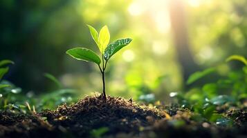Sapling sprouting in forest soil illuminated by soft sunlight embodying growth renewal and the promise of nature photo