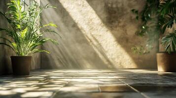Sunlight streams into a room illuminating indoor plants and creating an atmosphere of natural serenity and tranquility photo