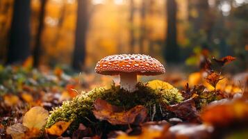Amanita mushroom in a warm forest setting with fallen leaves and soft lighting showcasing autumn's beauty photo