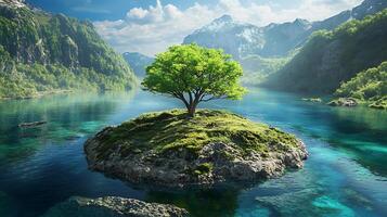 Serene island landscape A lone tree graces a lush islet in clear water mountains in the distance create a peaceful scenery photo
