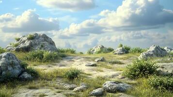 Tranquil landscape with scattered rocks grassy patches and a serene sky with fluffy clouds evokes peaceful wilderness photo