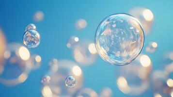 Floating spheres capture light in an airy blue expanse creating a serene and ethereal atmosphere and hinting at fragility photo