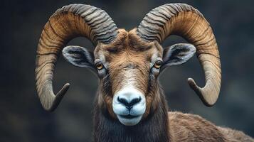 Close-up of majestic ram with curved horns showcasing its striking features and textured fur in a captivating portrait photo