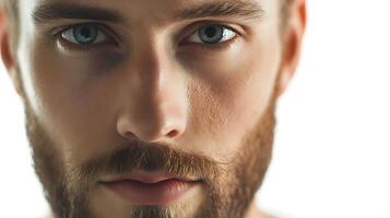 Intense gaze from a light-skinned man with captivating blue eyes and a well-groomed auburn beard close-up portrait photo