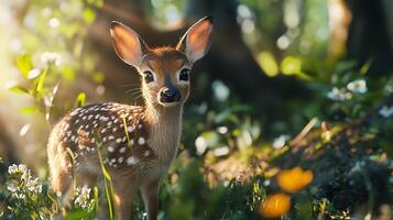 Adorable fawn with striking white spots illuminated by the soft glow of the morning sun in lush wild surroundings photo