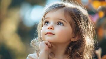 Pensive young child gazing upward with wonder and curiosity natural background soft lighting innocent look photo