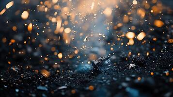 Glimmering embers rise from smoldering coal casting a warm glow on the dark textured surface in a mesmerizing display photo