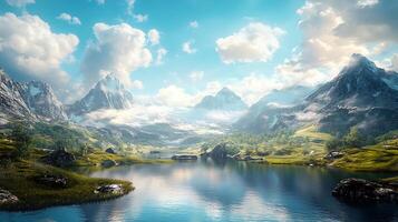 A scenic landscape with towering mountains a tranquil lake and a clear blue sky filled with puffy white clouds photo