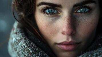Intimate portrait of a young woman with striking blue eyes and freckled skin wrapped in a cozy textured shawl photo
