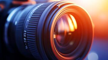 Close-up shot of a professional camera lens with an ambient color grade and a shallow depth of field photo