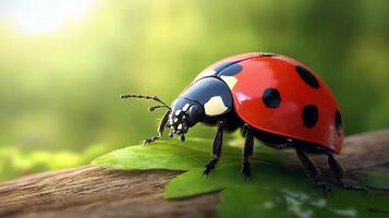 A vibrant ladybug red with black spots perches gently on a bright green leaf framed by a soft natural background photo