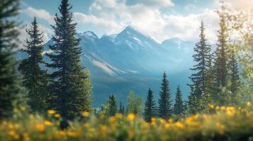 Scenic mountain vista featuring a lush foreground with wildflowers and towering pine trees under a cloudy sky photo