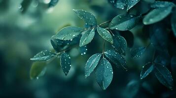 Lush green leaves glisten with raindrops in a serene and peaceful setting capturing nature's beauty and tranquility photo