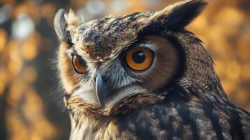 Close-up portrait of an owl displaying striking amber eyes and intricate feather patterns against a blurred background photo