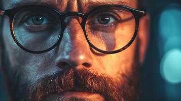 Intense gaze of a person with eyeglasses and beard illuminated by warm light in the foreground and cool light in the background photo