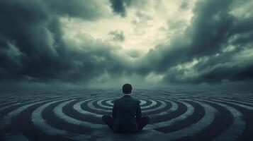 Meditative figure seeks clarity amidst swirling designs under a sky heavy with looming clouds and the promise of rain photo