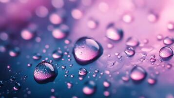 Macro photograph of water droplets in shades of pink blue and purple reflecting light and creating a colorful pattern photo