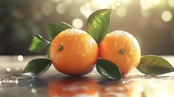 Close-up of two oranges with water droplets and green leaves illuminated by a soft bokeh-filled background photo