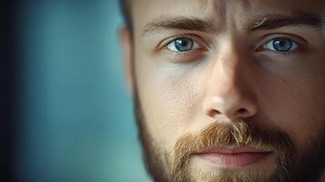 Intense gaze of a man with striking blue eyes and a ginger beard against a muted teal background creating depth photo