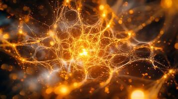 An abstract network of glowing connections resembling neurons or cosmic webs against a dark background with bokeh lights photo
